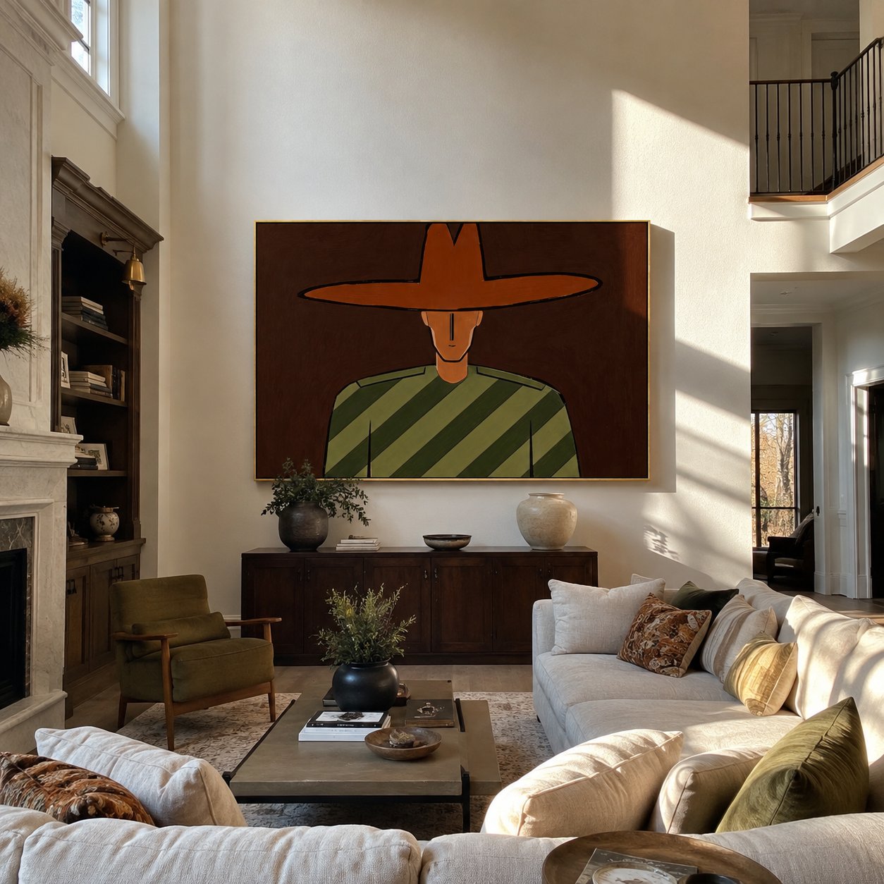 Brown Brim Holds Olive styled in a layered residential interior