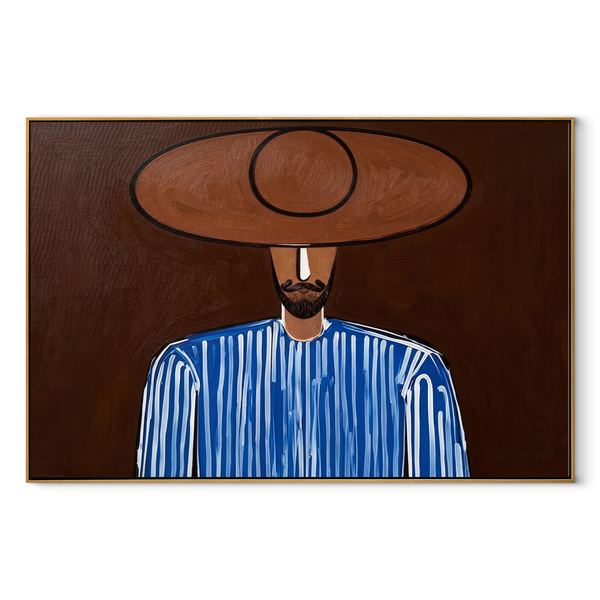 Blue Lines Meet Earth – Bearded Blue Hat Portrait Painting | Mid-Century Modern Horizontal Wall Art