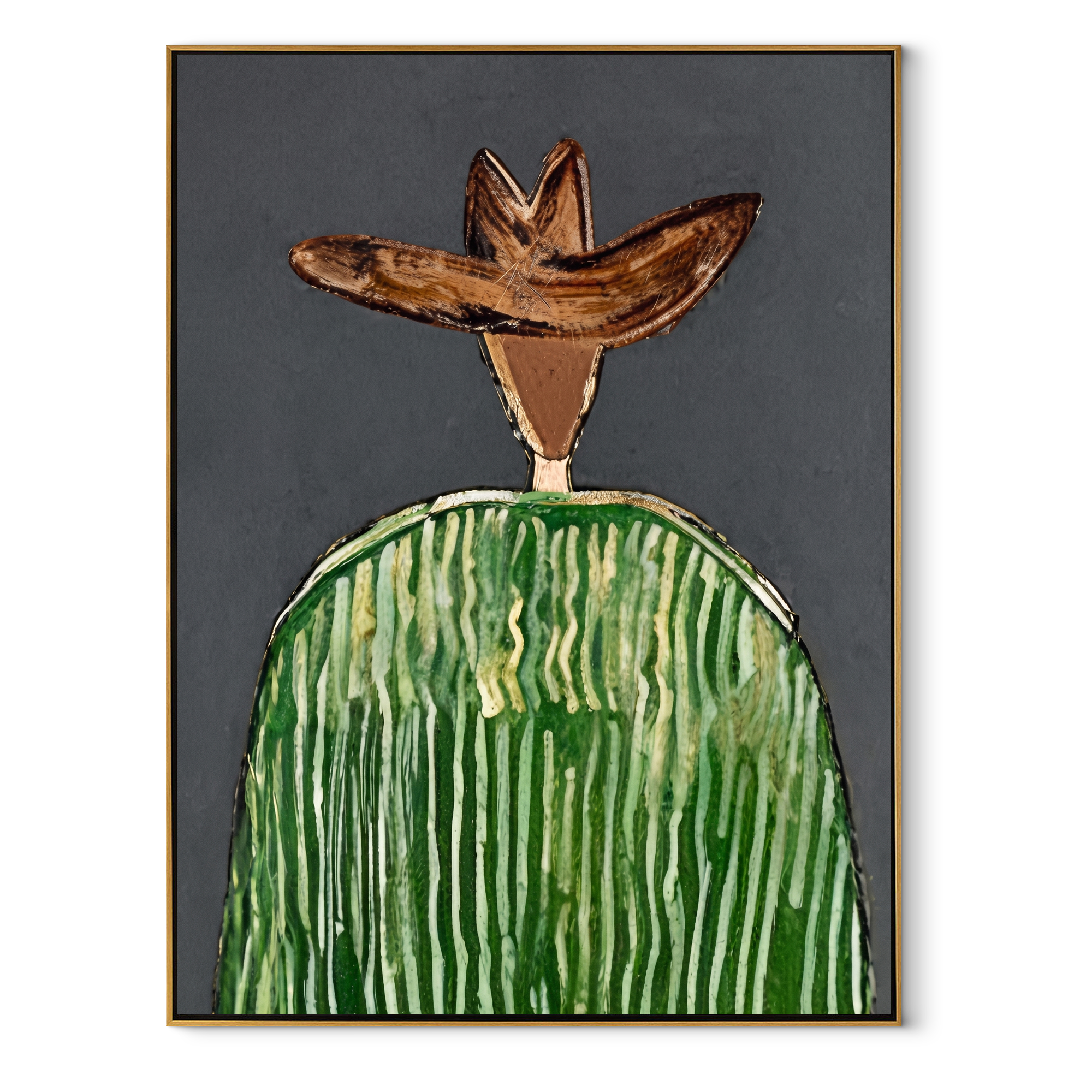 Green Crown Faces Gray abstract figurative textured painting, vertical canvas artwork