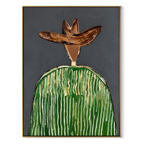 Green Crown Faces Gray – Green Stripe Hat Figure Painting | Mid-Century Modern Vertical Wall Art