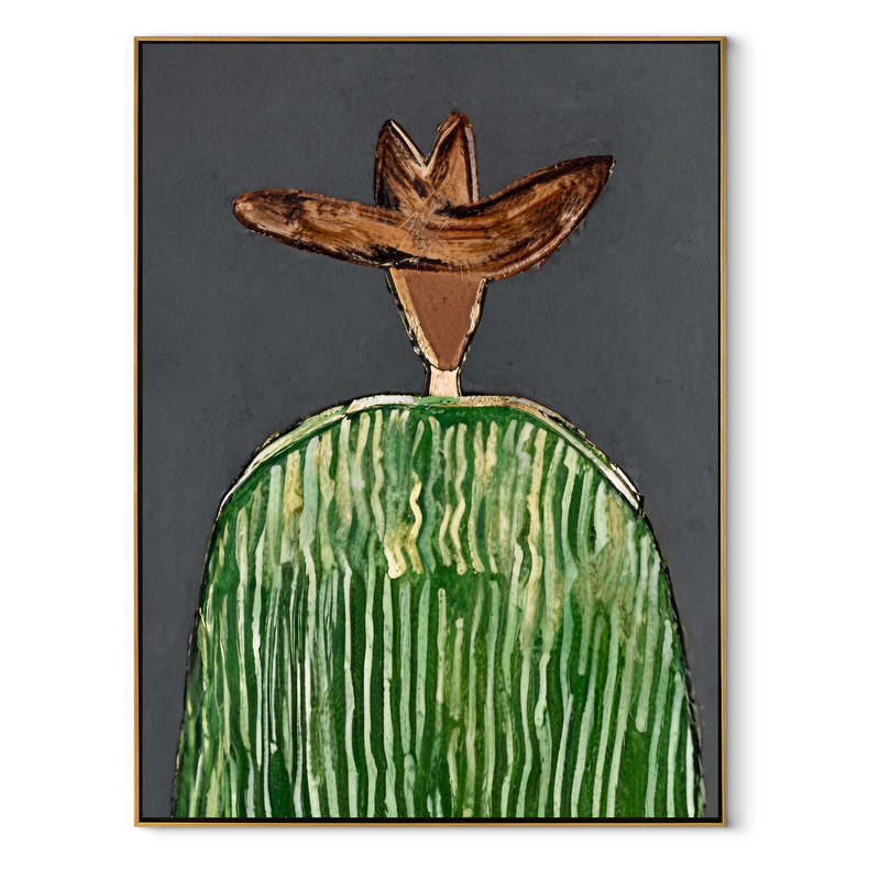 Green Crown Faces Gray – Green Stripe Hat Figure Painting | Mid-Century Modern Vertical Wall Art