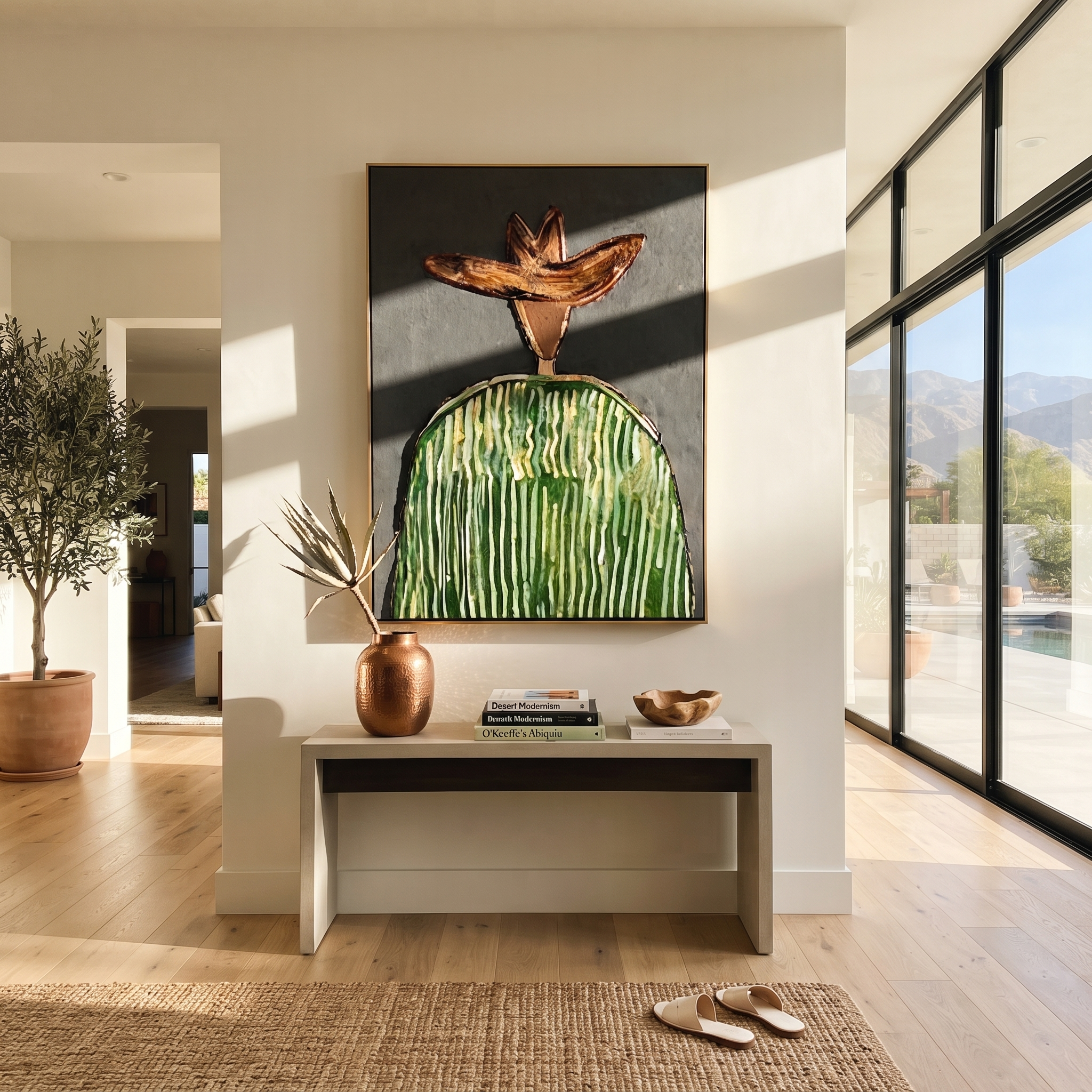 Green Crown Faces Gray presented above a contemporary console