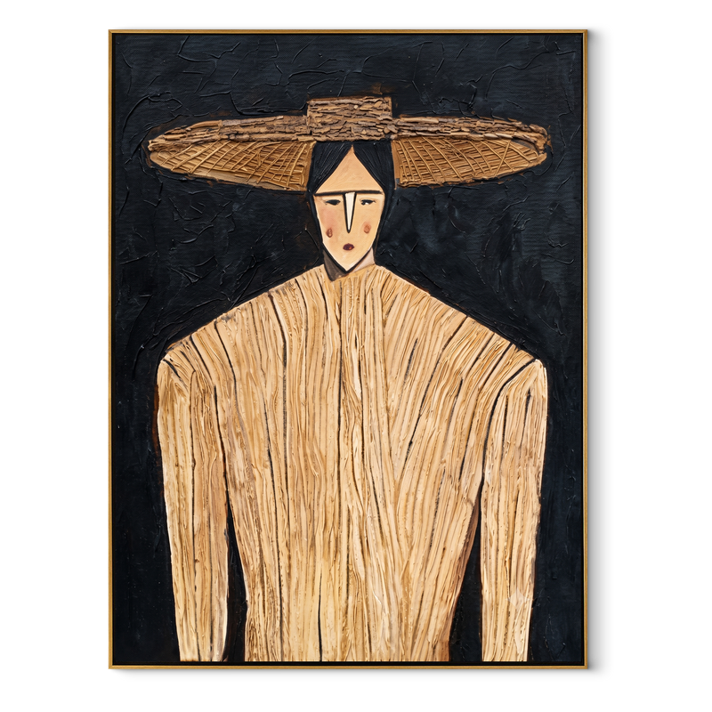 Straw Lines Against Night – Cream Hat Portrait Painting | Mid-Century Modern Vertical Wall Art