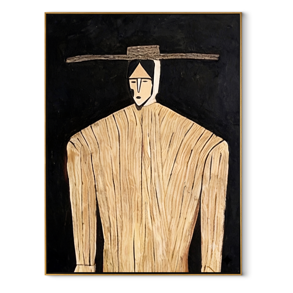 Pale Lines Hold Dark – Cream Portrait Black Ground Painting | Mid-Century Modern Vertical Wall Art