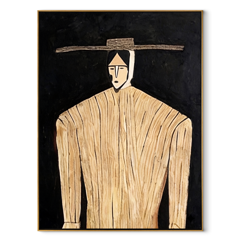 Pale Lines Hold Dark – Cream Portrait Black Ground Painting | Mid-Century Modern Vertical Wall Art