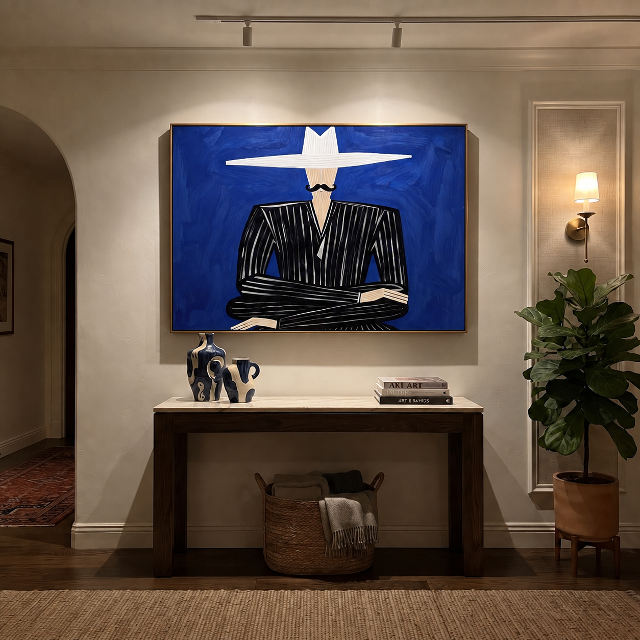 White Horizon Guards Cobalt displayed in a warm contemporary interior