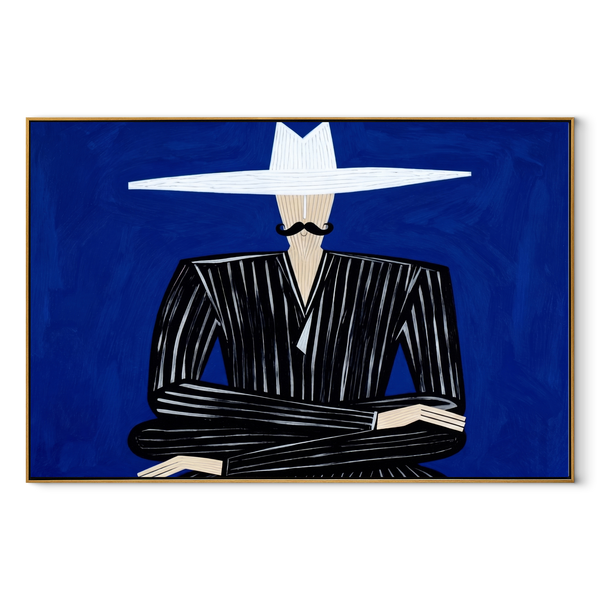 White Horizon Guards Cobalt – Black Suit White Hat Figure Painting | Mid-Century Modern Horizontal Wall Art