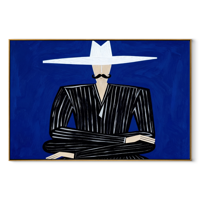 White Horizon Guards Cobalt – Black Suit White Hat Figure Painting | Mid-Century Modern Horizontal Wall Art