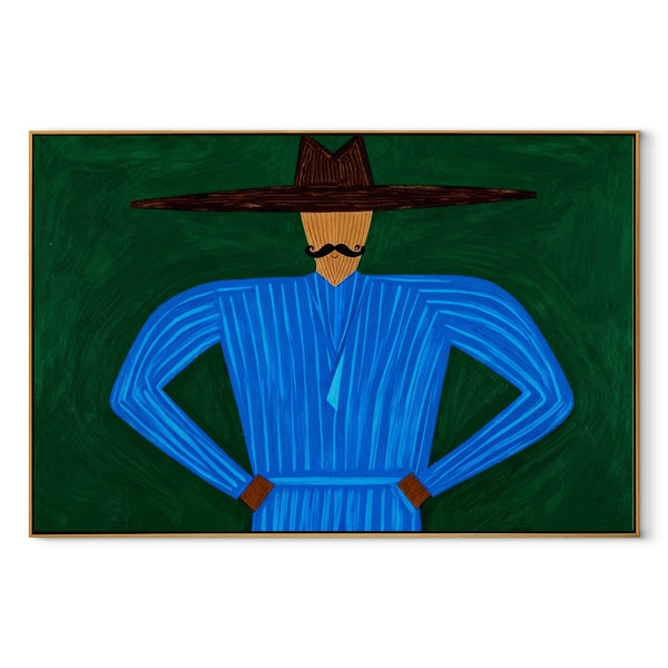 Blue Angles Hold Forest – Blue Hands on Hips Figure Painting | Mid-Century Modern Horizontal Wall Art