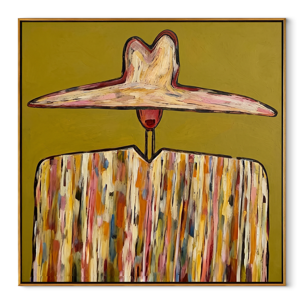 Ivory Horizon Crowns Mustard – Wide Brim Mosaic Figure Painting | Mid-Century Modern Square Wall Art