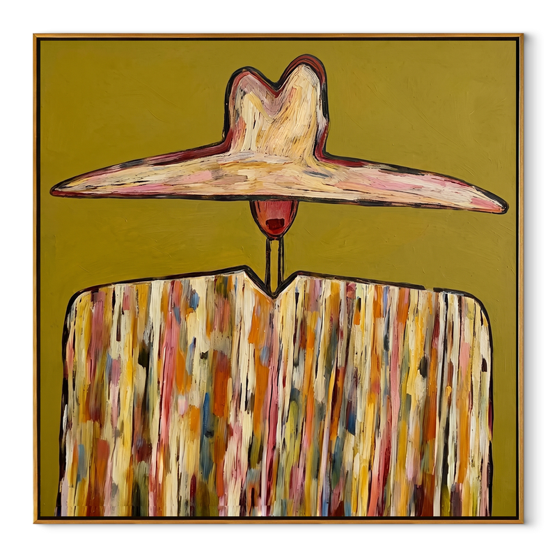Ivory Horizon Crowns Mustard – Wide Brim Mosaic Figure Painting | Mid-Century Modern Square Wall Art
