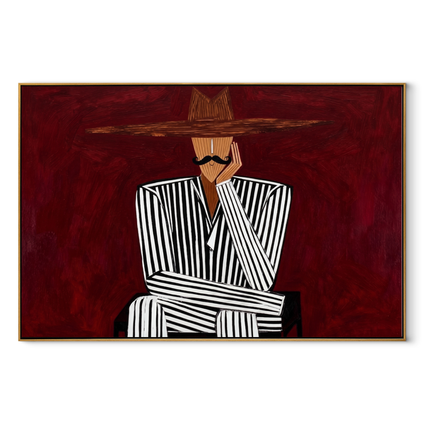 Burgundy Silence Crosses Lines – Striped Seated Hat Figure Painting | Mid-Century Modern Horizontal Wall Art