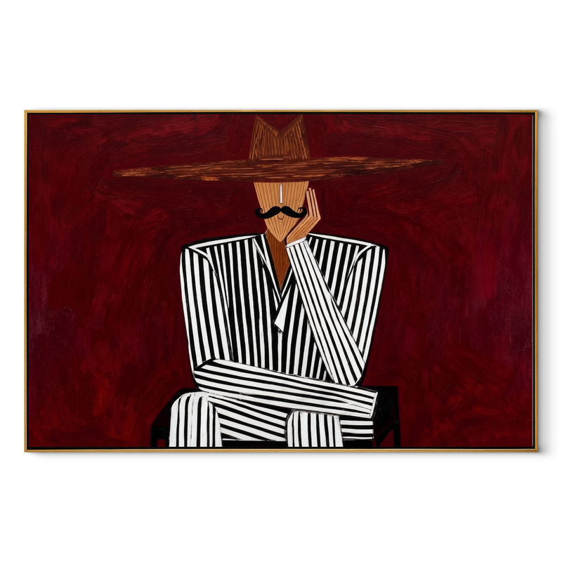 Burgundy Silence Crosses Lines – Striped Seated Hat Figure Painting | Mid-Century Modern Horizontal Wall Art