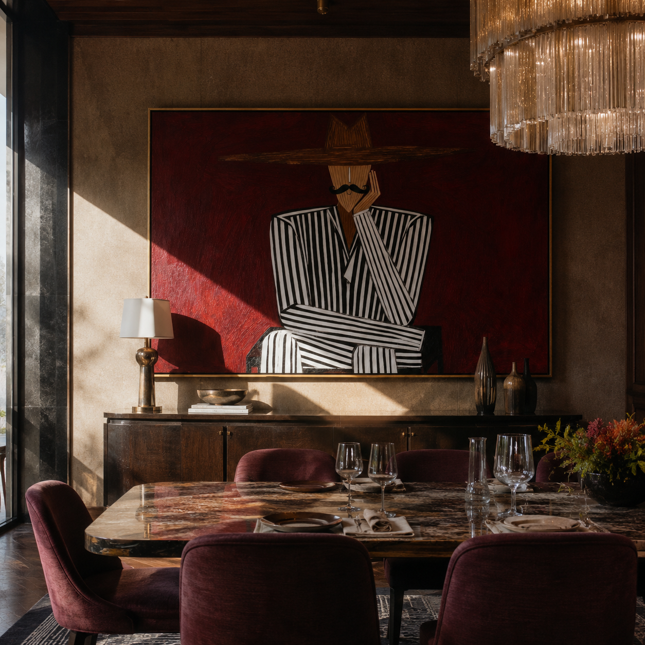 Burgundy Silence Crosses Lines displayed as a modern room focal point