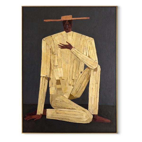 Ivory Gesture in Charcoal – Kneeling Ivory Suit Figure Painting | Mid-Century Modern Vertical Wall Art