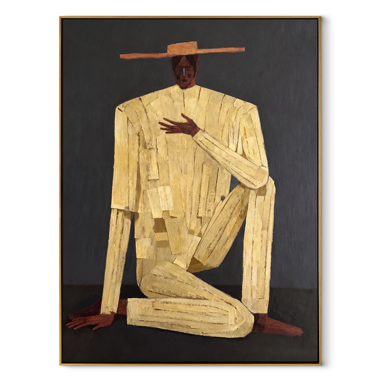 Ivory Gesture in Charcoal – Kneeling Ivory Suit Figure Painting | Mid-Century Modern Vertical Wall Art