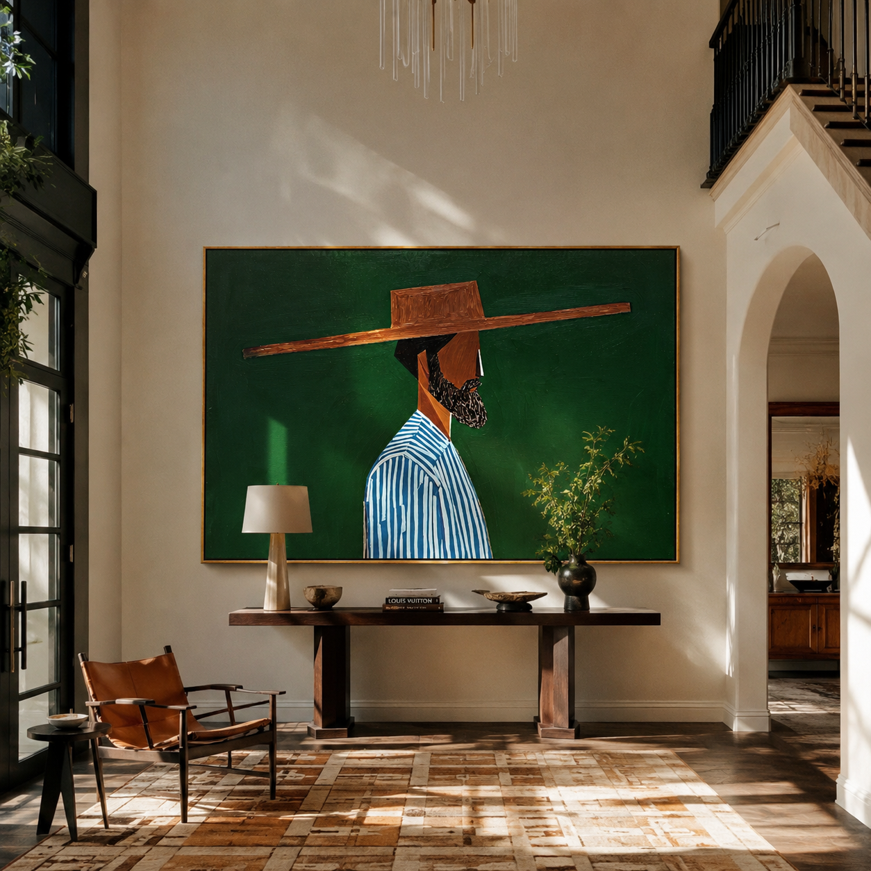 Blue Stripes Face Green displayed in a warm contemporary interior