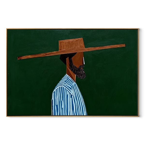 Blue Stripes Face Green – Striped Profile Hat Figure Painting | Mid-Century Modern Horizontal Wall Art