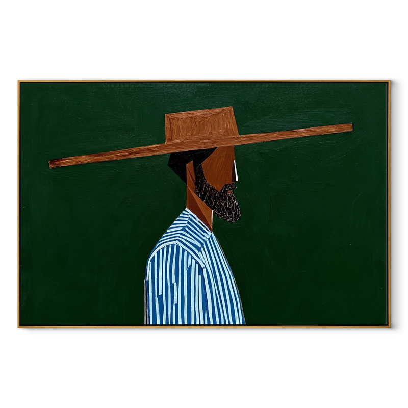 Blue Stripes Face Green – Striped Profile Hat Figure Painting | Mid-Century Modern Horizontal Wall Art