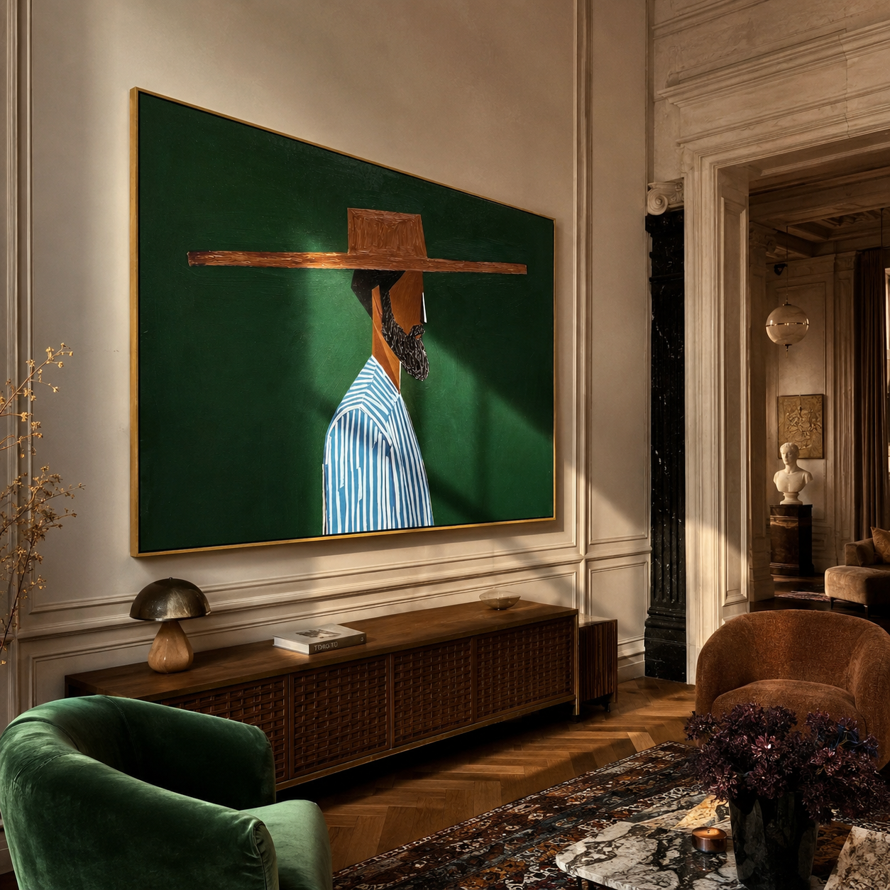 Blue Stripes Face Green displayed as a modern room focal point
