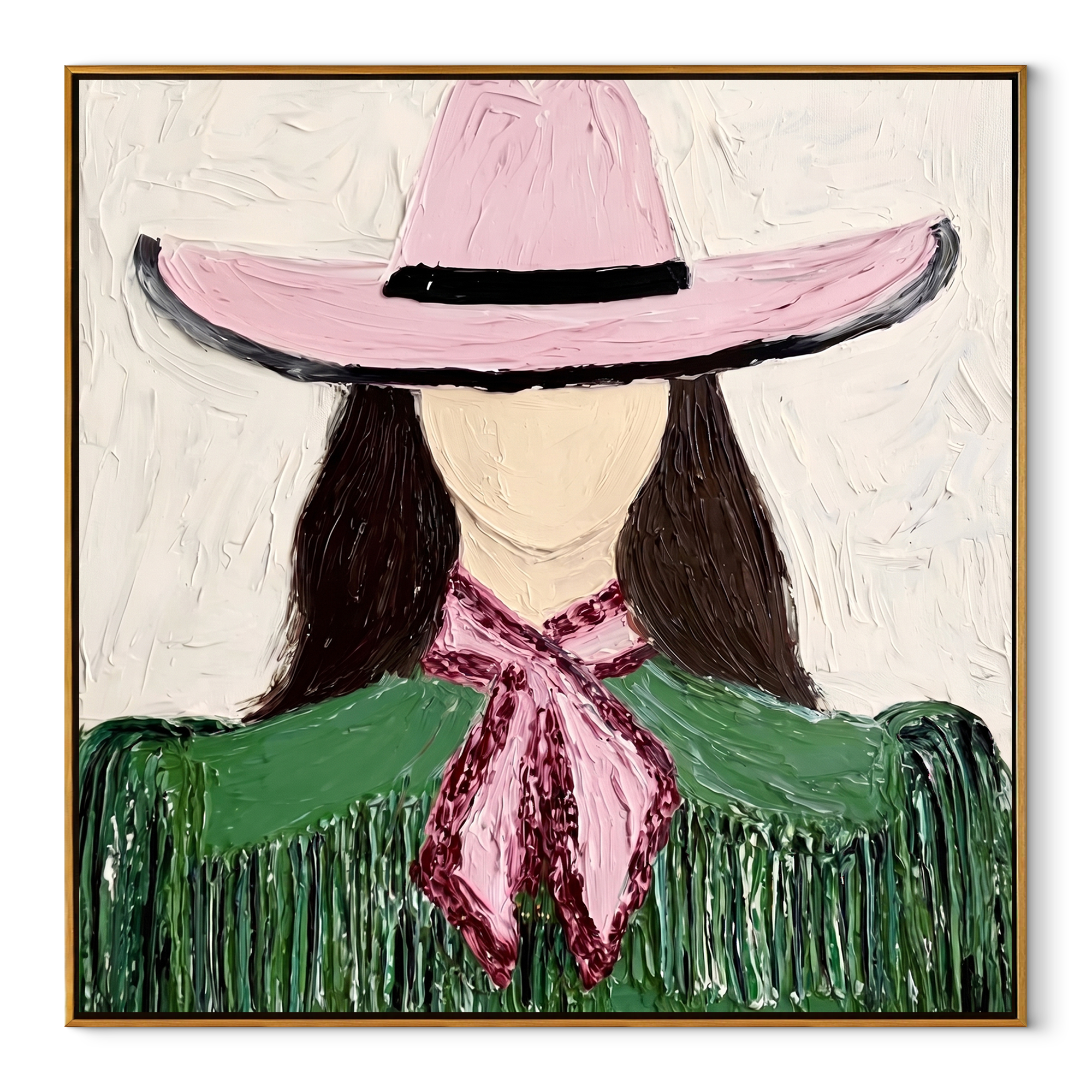 Pink Brim Shelters Fringe abstract figurative textured painting, square canvas artwork