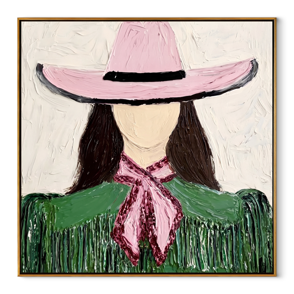 Pink Brim Shelters Fringe – Pink Hat Green Figure Painting | Mid-Century Modern Square Wall Art
