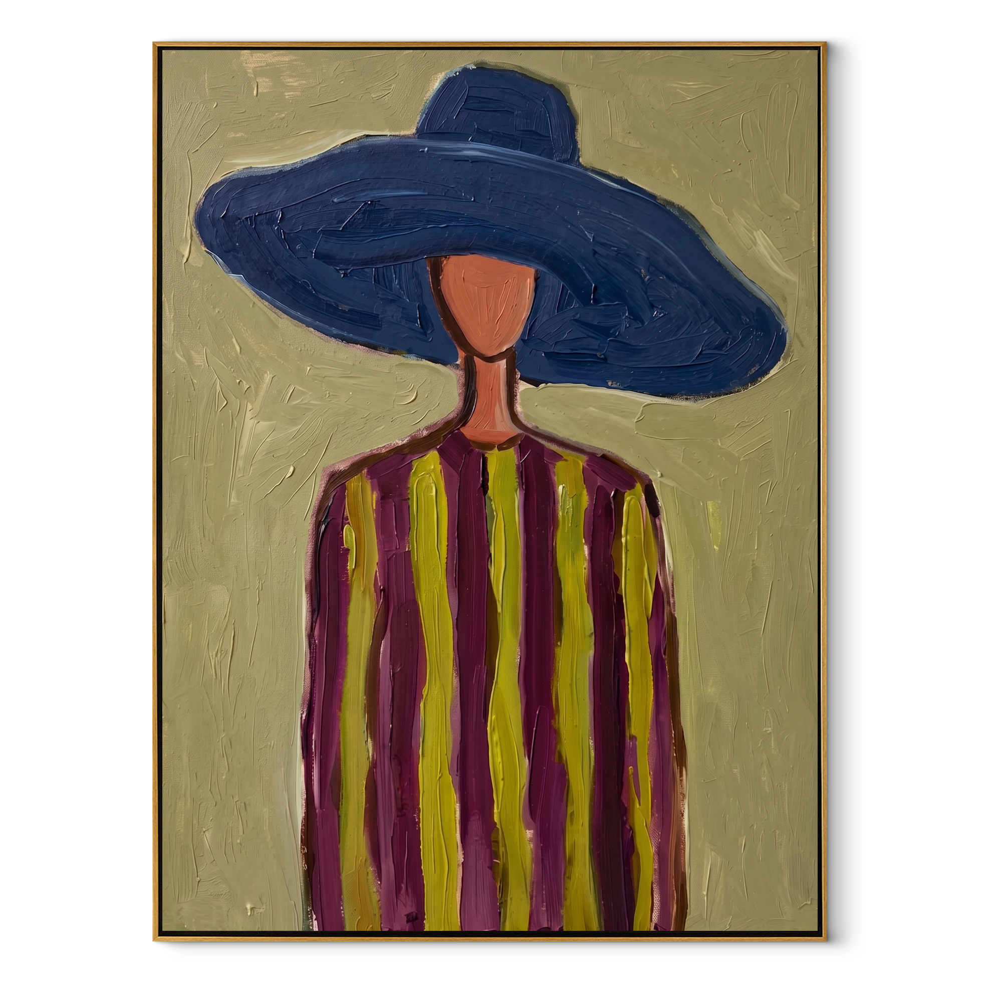Cobalt Brim Crowns Lines abstract figurative textured painting, vertical canvas artwork