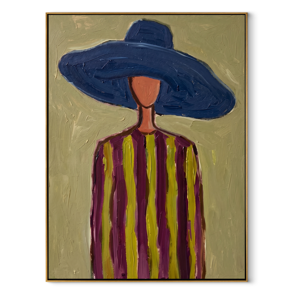 Cobalt Brim Crowns Lines – Blue Hat Striped Portrait Painting | Mid-Century Modern Vertical Wall Art