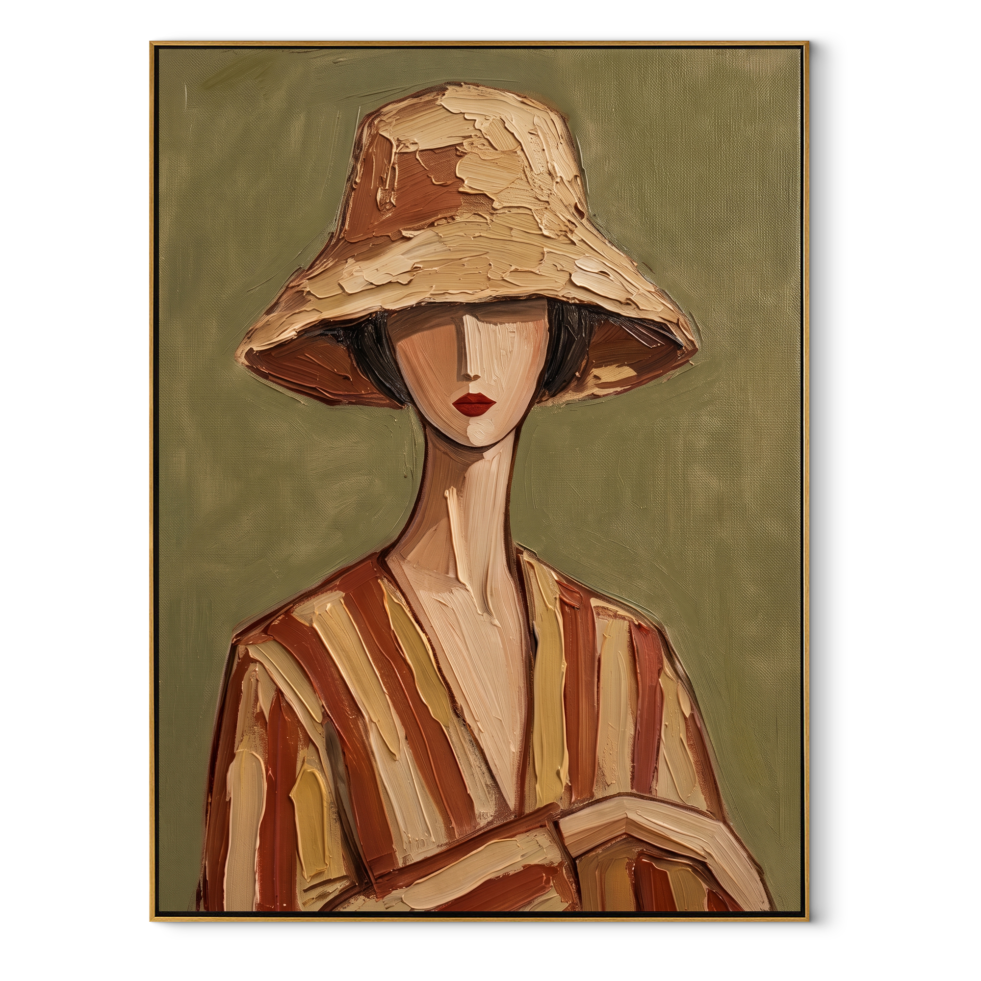 Clay Hat Holds Hands abstract figurative textured painting, vertical canvas artwork