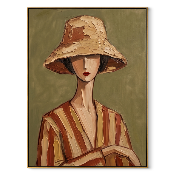 Clay Hat Holds Hands – Clay Stripe Woman Portrait Painting | Mid-Century Modern Vertical Wall Art