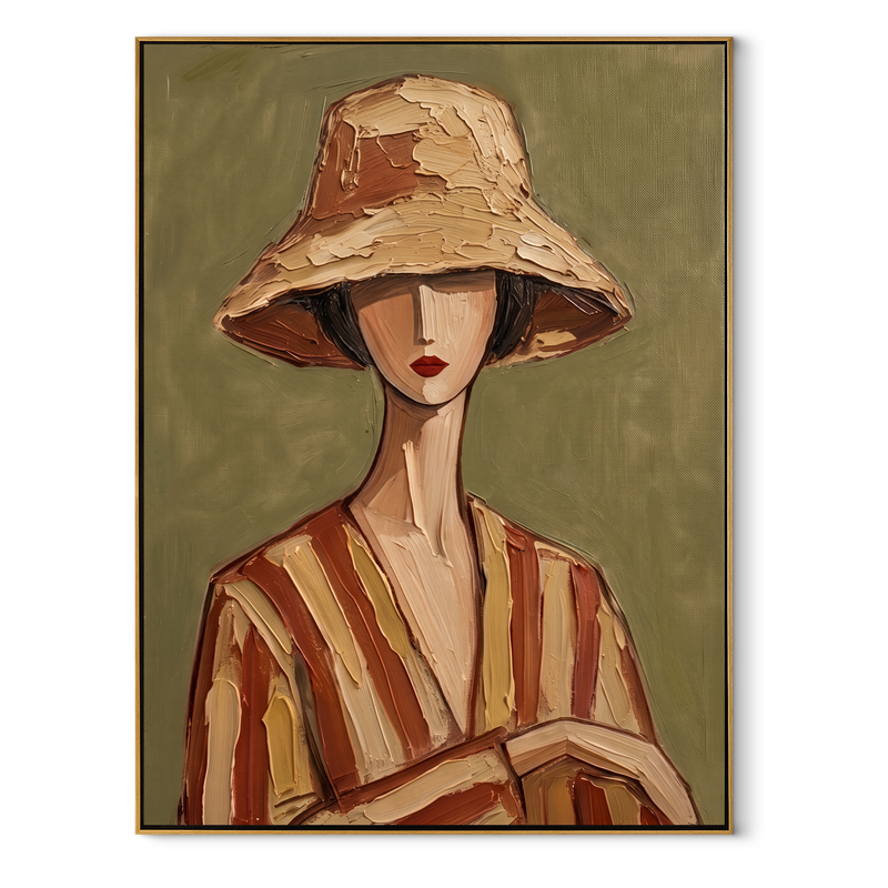 Clay Hat Holds Hands – Clay Stripe Woman Portrait Painting | Mid-Century Modern Vertical Wall Art
