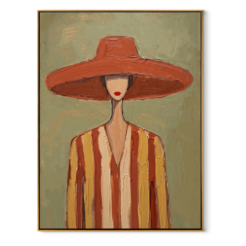 Coral Brim Meets Sage – Coral Hat Striped Figure Painting | Mid-Century Modern Vertical Wall Art