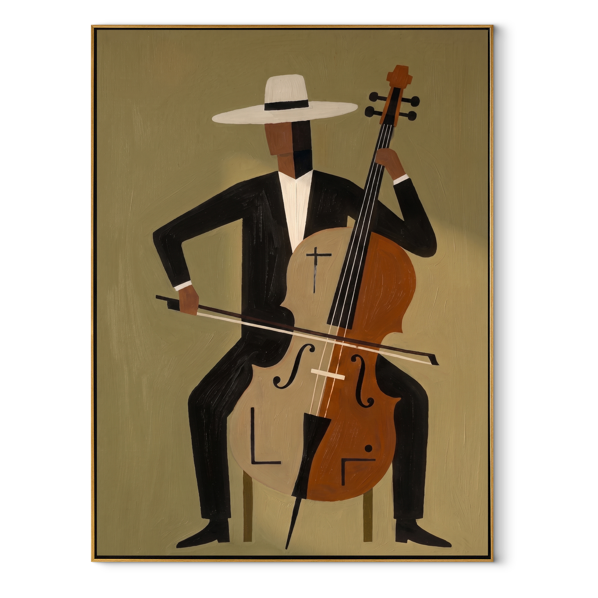 White Brim Conducts Cello abstract figurative textured painting, vertical canvas artwork