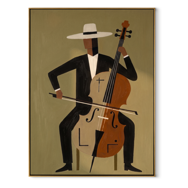 White Brim Conducts Cello – Abstract Cellist Figure Painting | Mid-Century Modern Vertical Wall Art