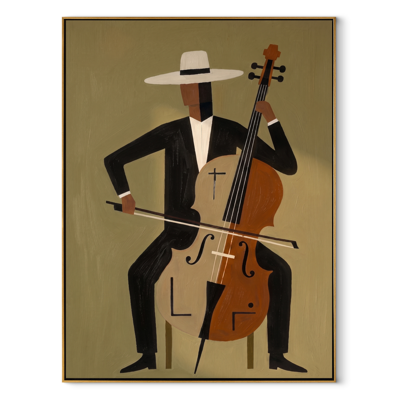 White Brim Conducts Cello – Abstract Cellist Figure Painting | Mid-Century Modern Vertical Wall Art