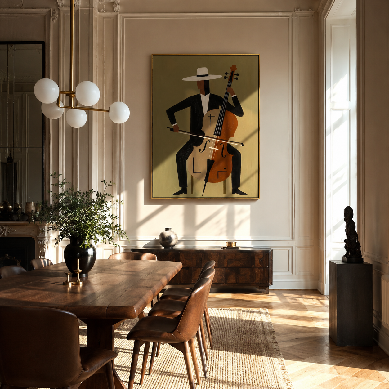 White Brim Conducts Cello styled with neutral modern furnishings