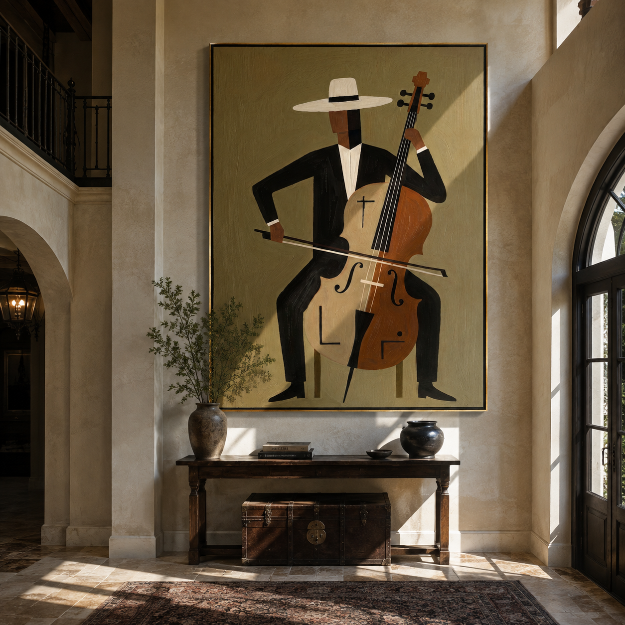 White Brim Conducts Cello presented above a contemporary console