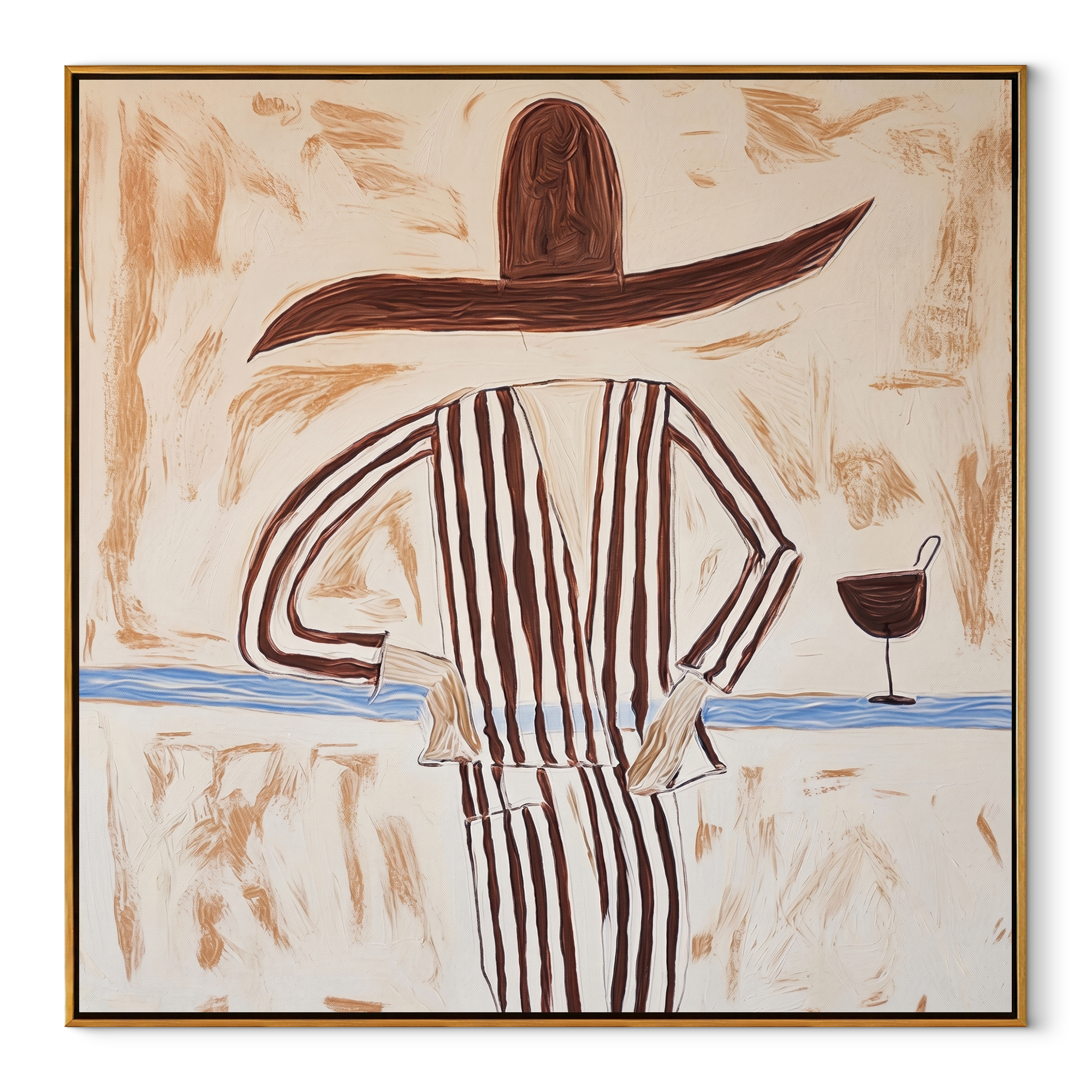Brown Lines beside Wine abstract figurative textured painting, square canvas artwork