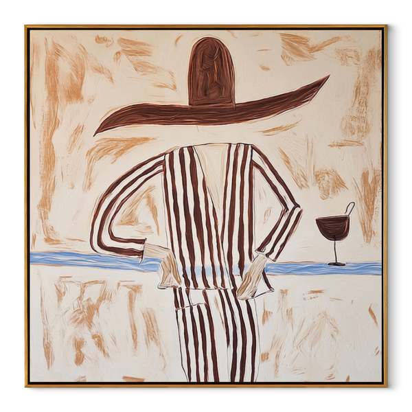 Brown Lines beside Wine – Striped Standing Wine Figure Painting | Mid-Century Modern Square Wall Art