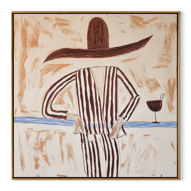 Brown Lines beside Wine – Striped Standing Wine Figure Painting | Mid-Century Modern Square Wall Art