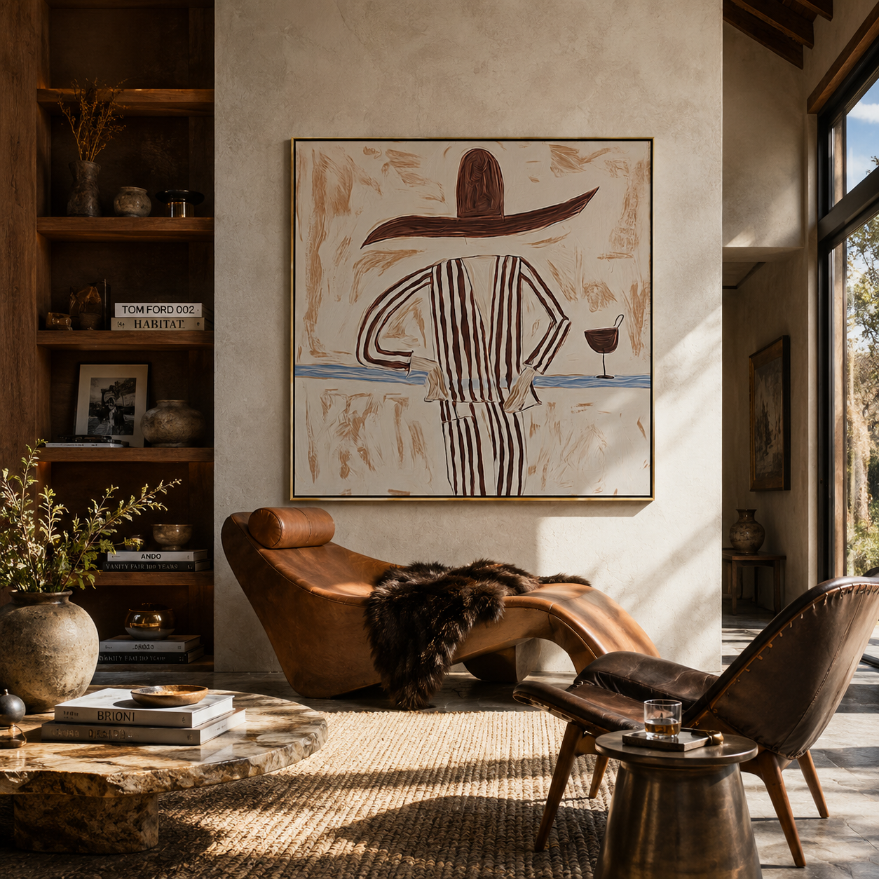 Brown Lines beside Wine presented above a contemporary console
