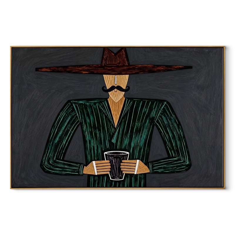 Green Stripes Hold Cup – Green Stripe Hat Figure Painting | Mid-Century Modern Horizontal Wall Art