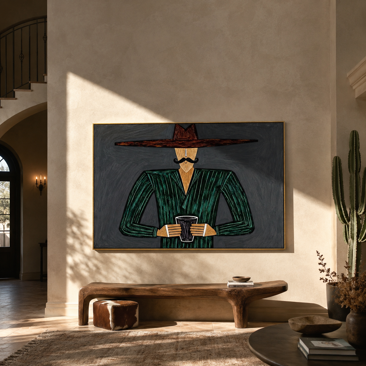 Green Stripes Hold Cup presented above a contemporary console