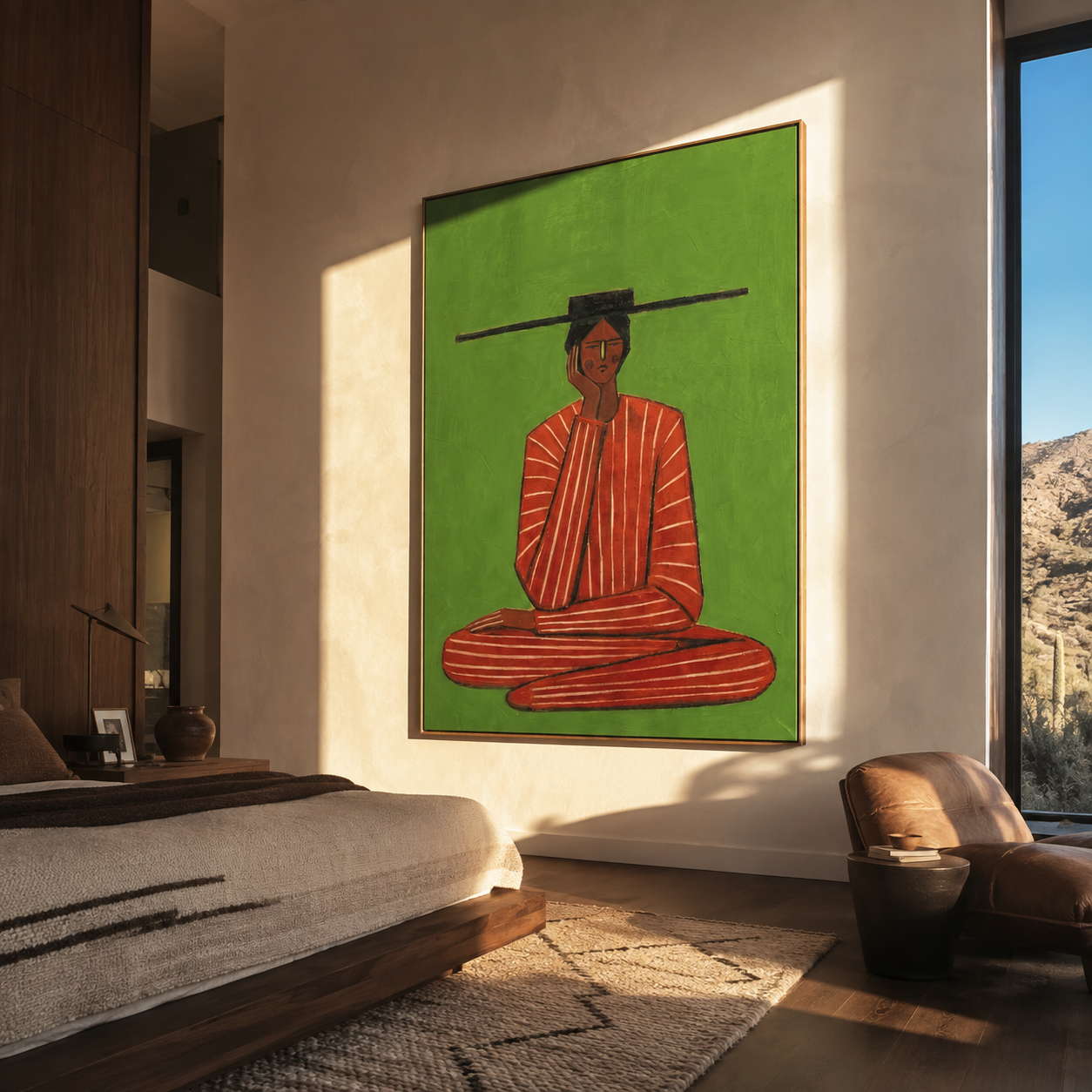 Scarlet Stillness Sits Green displayed in a warm contemporary interior