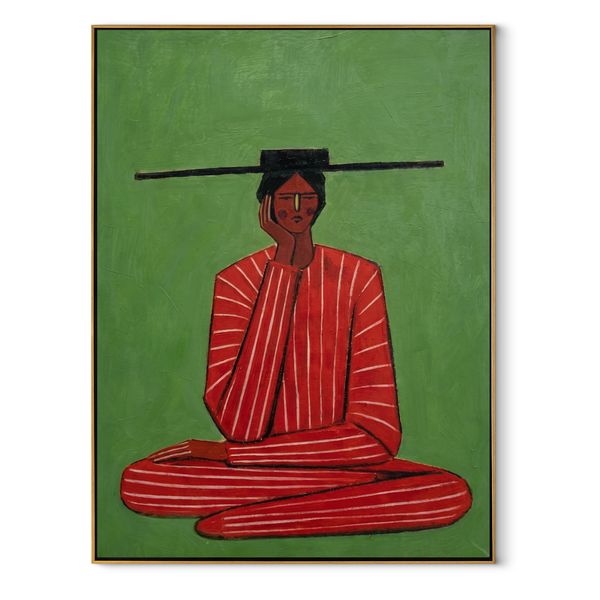 Scarlet Stillness Sits Green – Seated Red Stripe Figure Painting | Mid-Century Modern Vertical Wall Art