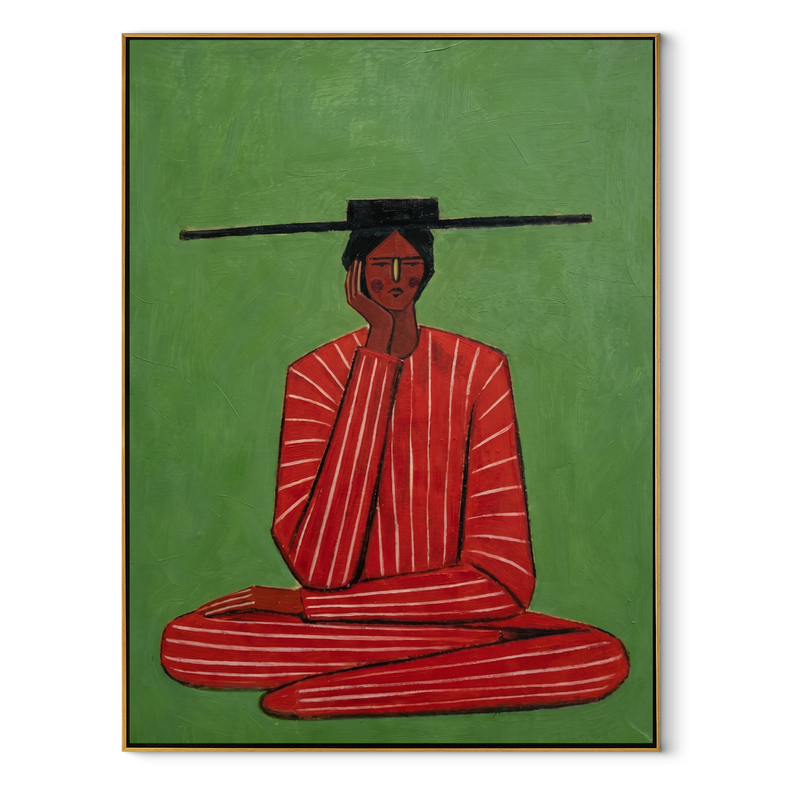 Scarlet Stillness Sits Green – Seated Red Stripe Figure Painting | Mid-Century Modern Vertical Wall Art