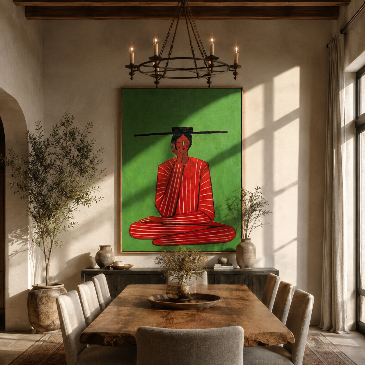 Scarlet Stillness Sits Green displayed as a modern room focal point