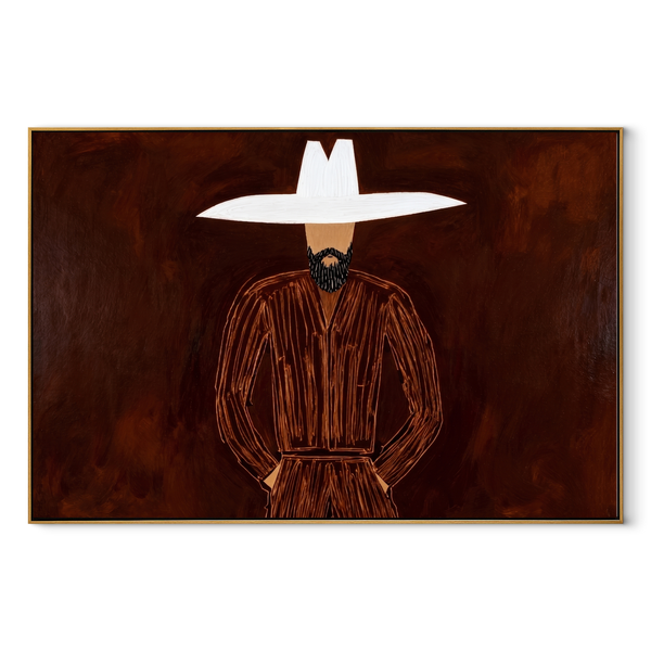 White Horizon Guards Umber – White Hat Brown Portrait Painting | Mid-Century Modern Horizontal Wall Art