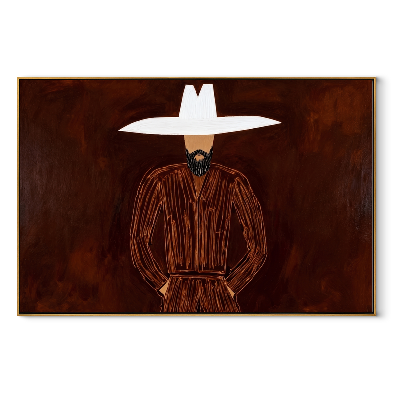 White Horizon Guards Umber – White Hat Brown Portrait Painting | Mid-Century Modern Horizontal Wall Art