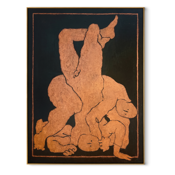 Terra Bodies in Night – Abstract Figurative Embrace Painting | Mid-Century Modern Vertical Wall Art